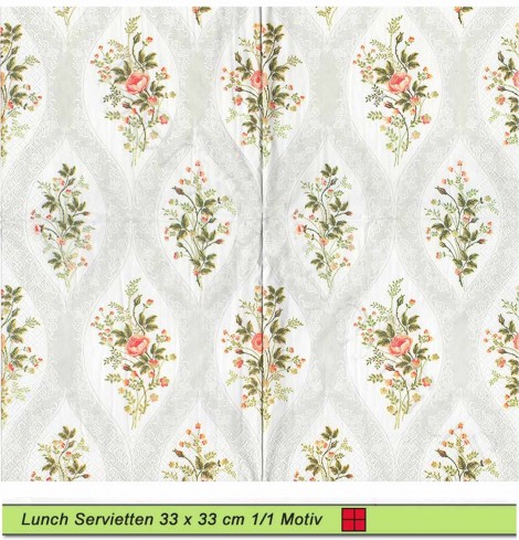 Kleine Rosen und Ornamente in Rautenform - 1 Lunch Serviette - ganzes Motiv